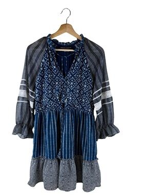 Hemant and Nandita Block Print Dress Indigo Boho Peasant Small
